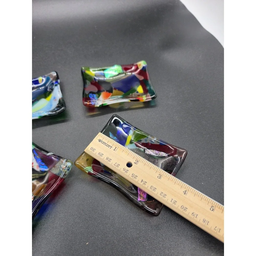 Set‎ Of 4 Frog Valley Fused Glass Dipping Dish Trinket/Ring Tray Signed Mosaic
